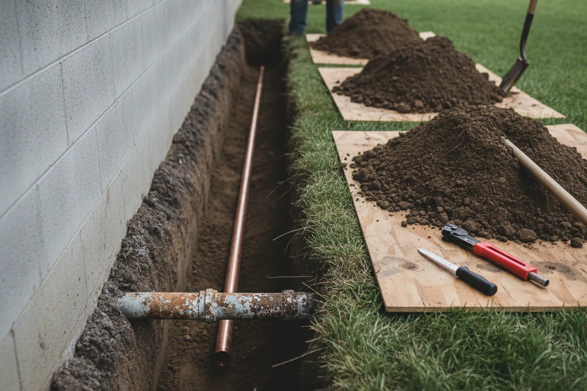 Excavated water line trench during Water Softener Installation in Great Neck